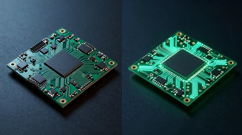 The Evolution of HDI in Medical Imaging An abstract visualization of circuit evolution from bulky multi-layer boards to compact high-density interconnect architectures.