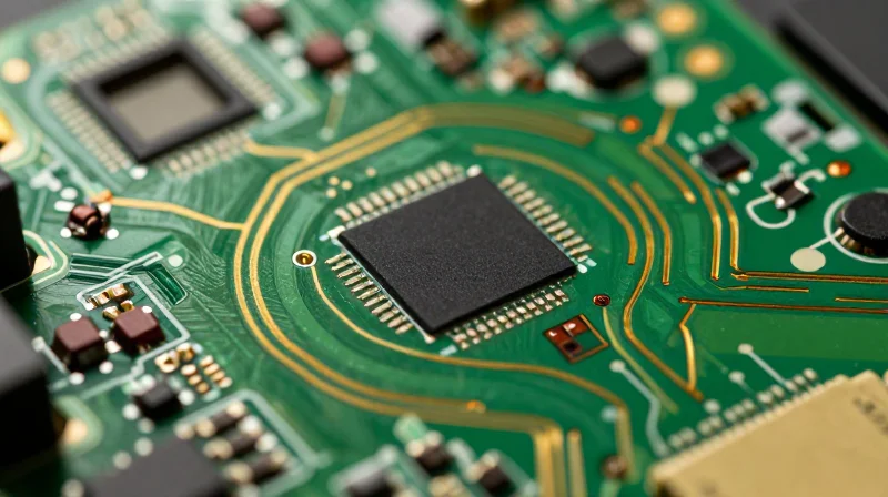 The Challenge of High-Density Interconnects in Medical Imaging A close-up view of a complex, high-density HDI PCB circuit board used in compact ultrasound medical devices, showcasing intricate traces and micro-vias.