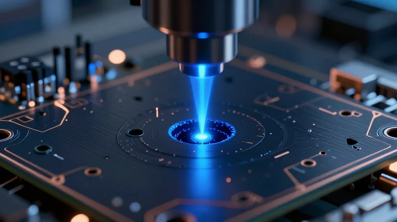 Advanced Micro-Via Engineering and Drilling Precision Conceptual 3D visualization of a high-precision laser beam performing micro-via drilling on a multilayer circuit board substrate.