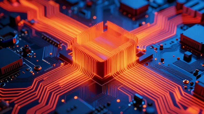 Thermal Management and Material Selection Abstract representation of thermal heat dissipation patterns on a circuit board surface.