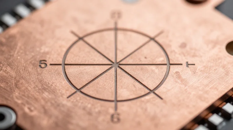 DFM Rules for Laser Drill Alignment and Registration A close-up alignment mark or fiducial on a circuit board to ensure precise laser drilling.