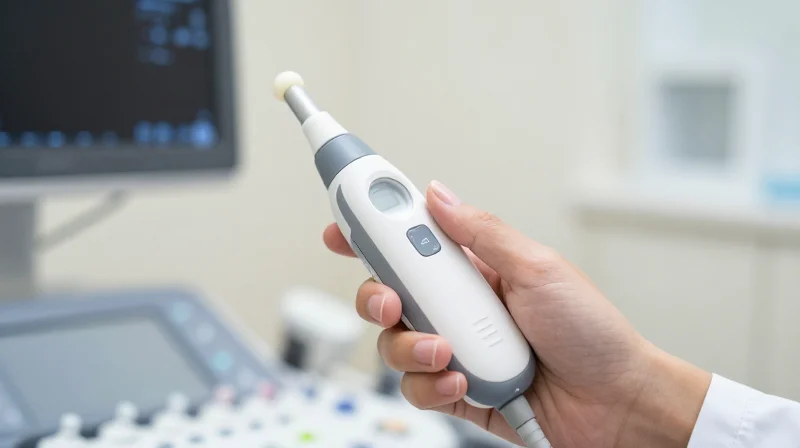 The Evolution of Ultrasound: Shrinking Form Factors, Growing Demands A sleek modern handheld ultrasound transducer being held by a doctor's hand in a medical environment