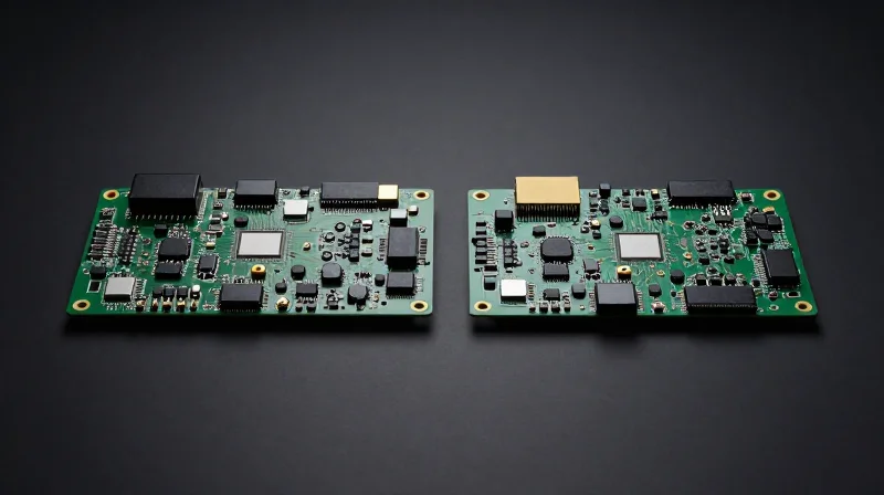 Comparative Performance: HDI vs. Rigid-Flex in High-Frequency Signal Paths Side-by-side conceptual comparison of two circuit board architectures in a minimalist studio setting