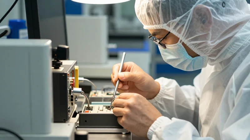 Technical Capability: Specialized Medical Assembly Expertise A technician working in a high-tech cleanroom environment on circuit boards
