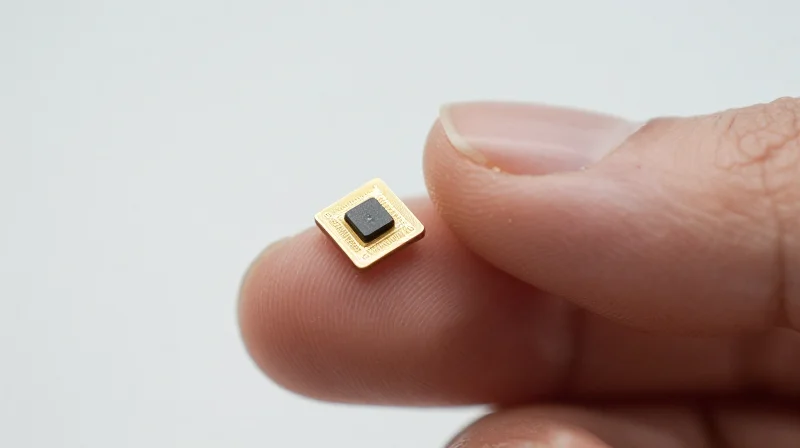 A highly detailed close-up shot of a miniature MEMS medical sensor module resting on a fingertip, showing microscopic circuit architecture.