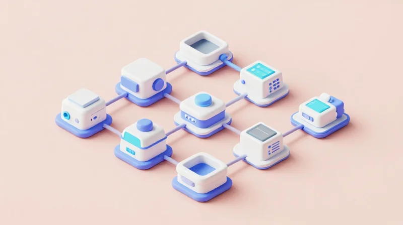 Isometric 3D illustration showing modular medical hardware components floating and connecting together.