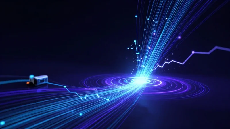 Abstract visualization of data flowing from a medical wearable through glowing fiber optic lines in a dark digital space.