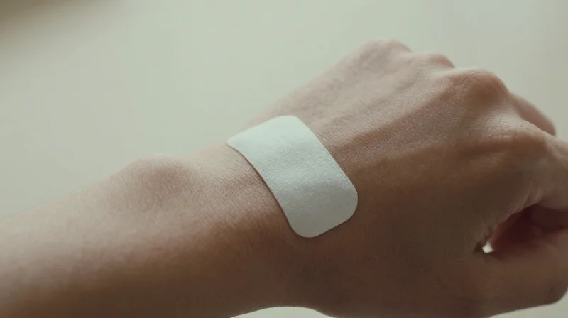 A person wearing a thin, transparent, patch-like medical monitor on their arm, appearing like a second skin.