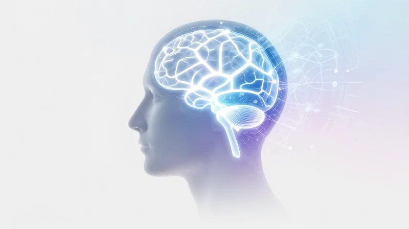 Conceptual 3D art showing a human brain silhouette merging with digital analytical nodes.