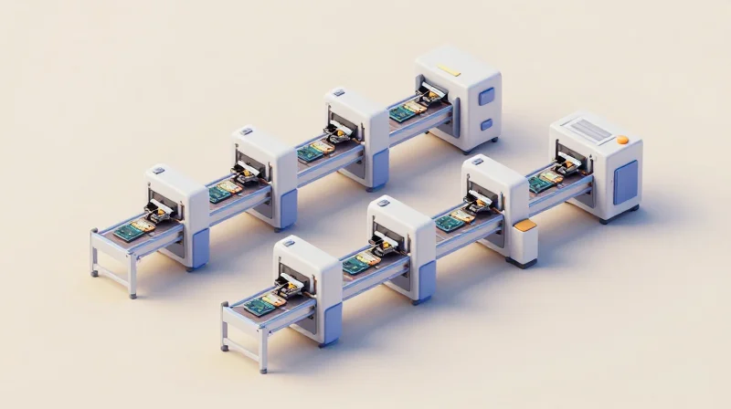 Scalability and Production Capacity Analysis Isometric view of a modern automated assembly line for circuit boards.