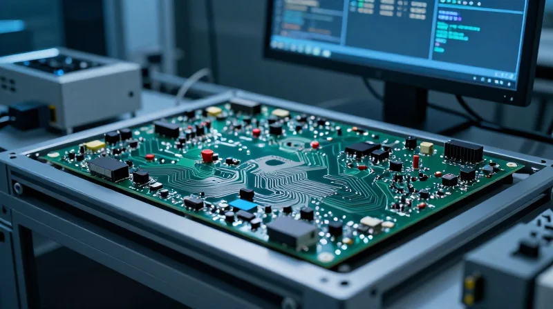 Strategic DFM: Designing for Cost and Scalability A close-up view of a printed circuit board on a CAD design screen, focusing on engineering precision.