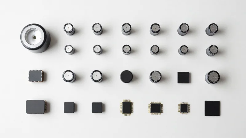 Material Optimization Techniques Top-down view of various electronic components and microchips neatly arranged on a clean, professional workbench.