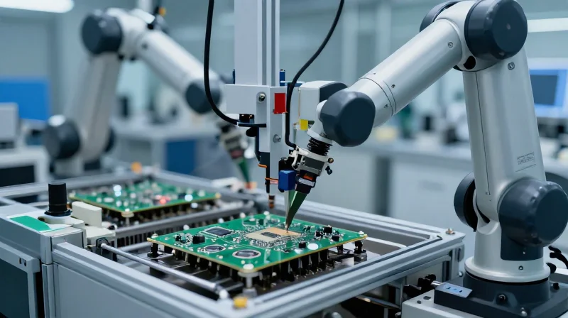 Leveraging Automation for High-Volume PCBA A high-speed robotic arm performing SMT assembly on a modern medical device circuit board.