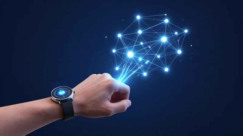 Integrating IoT: Beyond Data Collection Abstract representation of data pulses traveling from a wearable device to a glowing network hub.