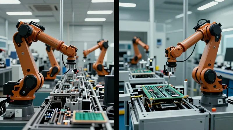 Comparing Costs: Traditional vs. Next-Gen Production Two assembly lines side by side: one robotic, complex, and dark, the other streamlined, modern, and bright.