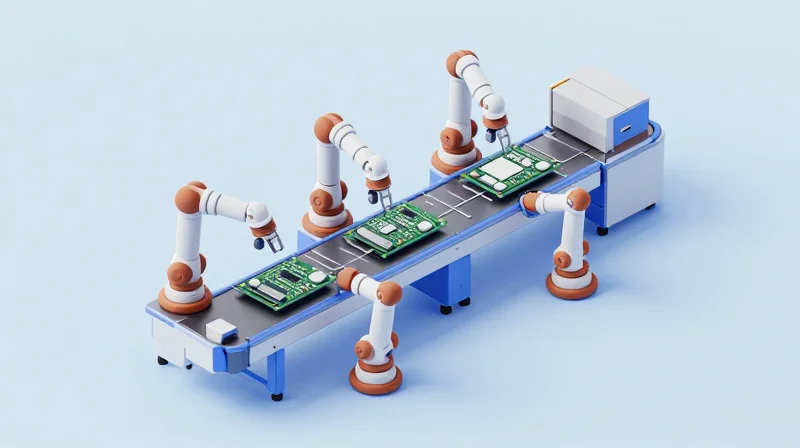 Scalability and Supply Chain Resilience Isometric 3D view of an automated manufacturing plant workflow.