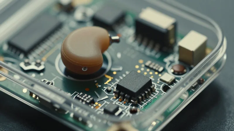 A highly detailed close-up of a micro-electronic hearing aid assembly showing complex internal wiring, 3D photorealistic style.