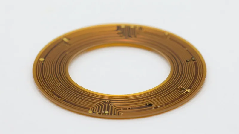 A macro view of a flexible polyimide substrate circuit board bending around a small radius, highlighting material flexibility.