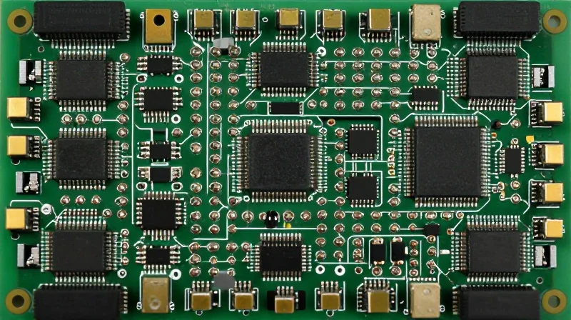 A top-down view of highly dense surface mount technology components arranged on a miniature circuit board.