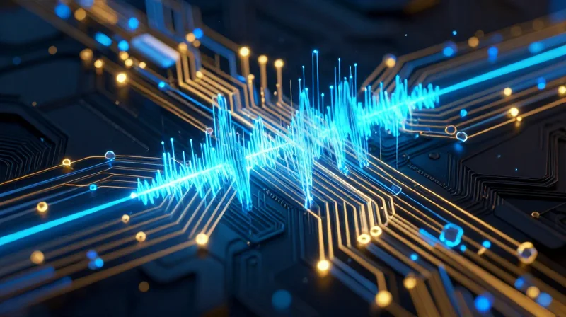 Abstract representation of electronic signals flowing through a compact multi-layer circuit board.