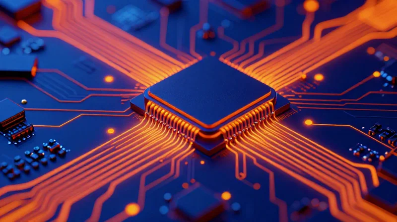 Thermal imaging representation of a miniature PCB assembly showing heat distribution.