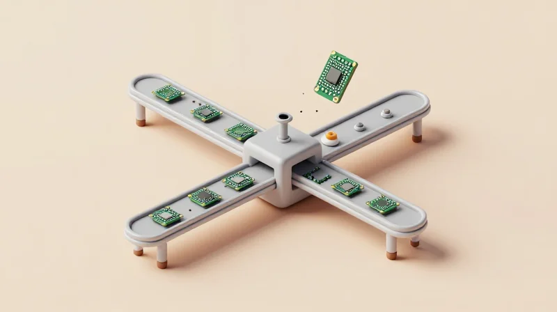 An isometric 3D view of an automated manufacturing process for microscopic circuit components.