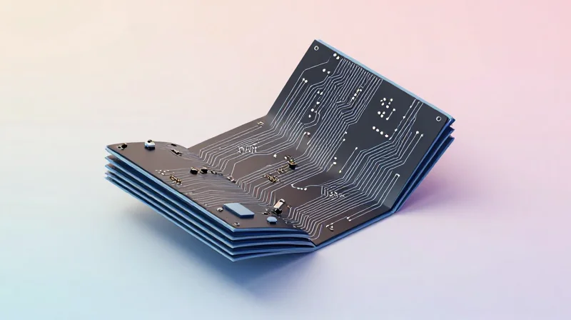 Space Optimization and Miniaturization Benefits An isometric 3D render demonstrating the folding capabilities of a multi-layer rigid-flex PCB