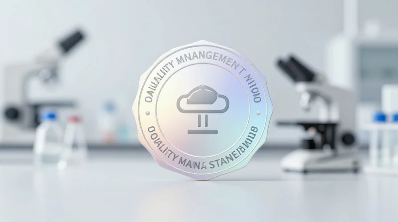 A professional quality assurance certification stamp icon on a clean, modern lab background.