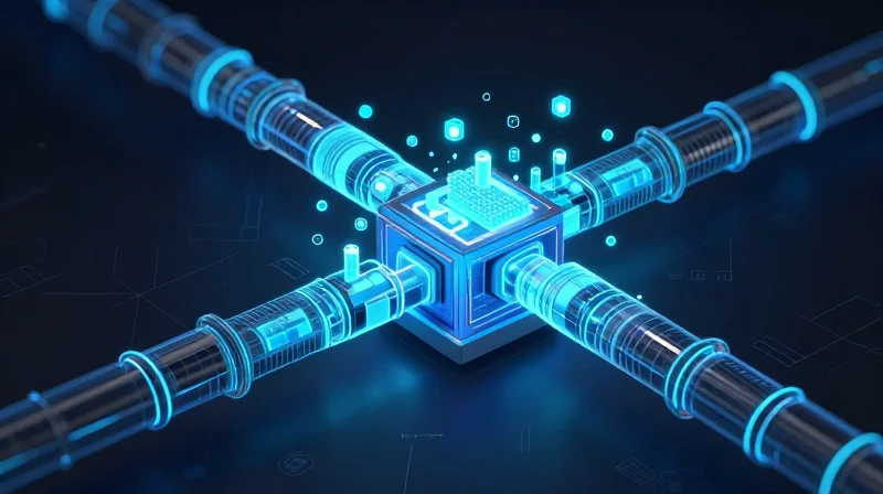 Conceptual 3D representation of verifying electronic component authenticity within a supply chain.