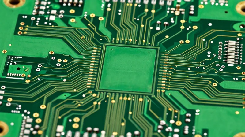 Close-up macro view of a high-density interconnect PCB showing intricate thermal management design.