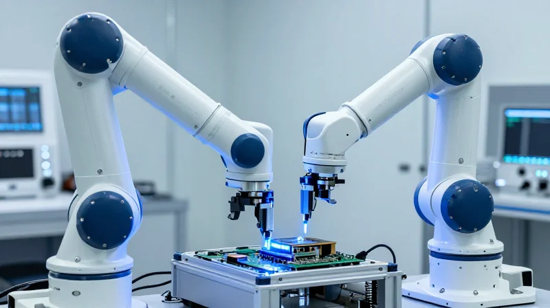 A sterile cleanroom environment showing automated robotic arms assembling delicate components.