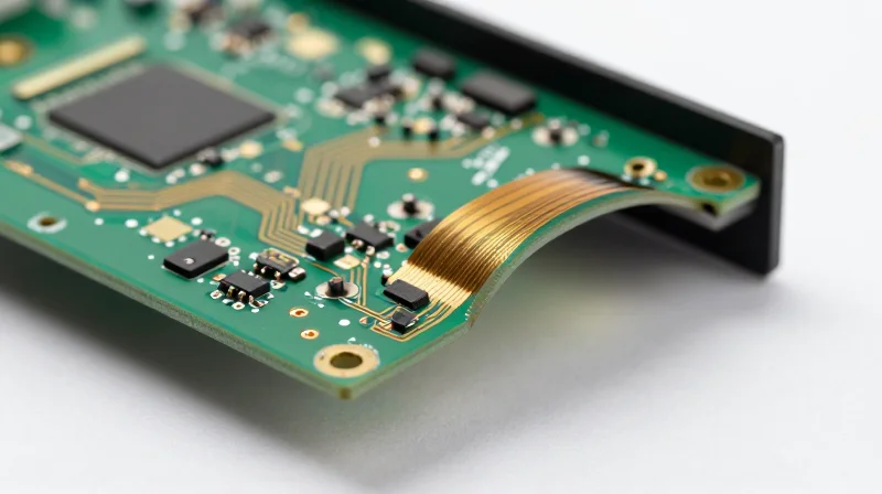 A close-up of a flexible printed circuit board bending to fit inside a small medical device housing.