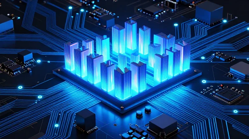 Abstract representation of thermal heat distribution on a circuit board surface.