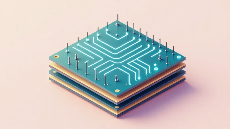 A 3D perspective of a multi-layer printed circuit board stack-up.