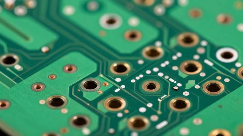 Microscopic view of laser-drilled micro-vias on a high-density medical circuit board.