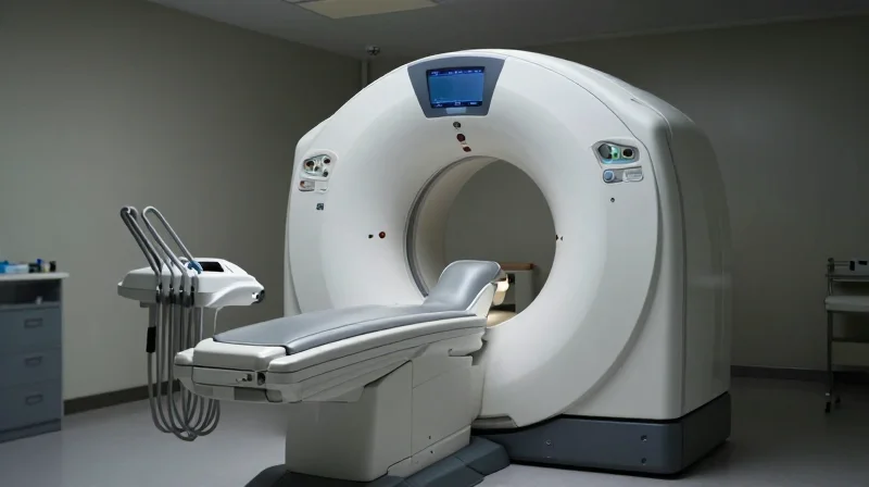 A dental imaging room with the equipment powered off in a dimly lit office, highlighting the negative impact of clinical downtime.