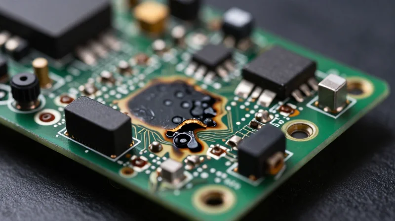 Close-up macro shot of a damaged electronic circuit board showing signs of thermal stress and material fatigue.