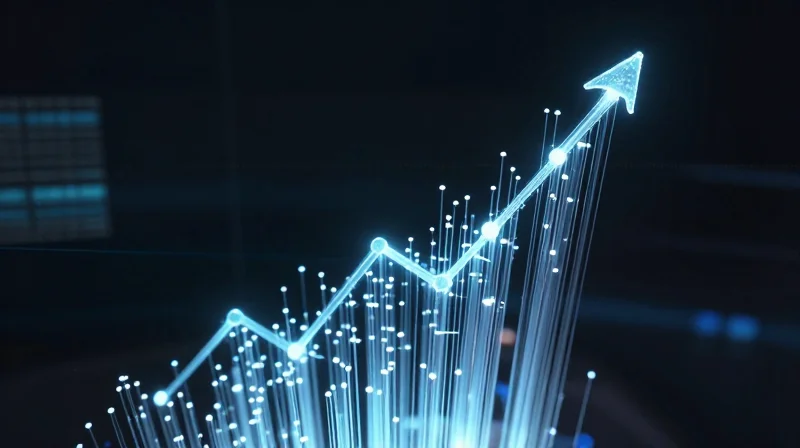 Abstract digital visualization showing upward trending light trails and glowing connection nodes representing improved operational ROI.