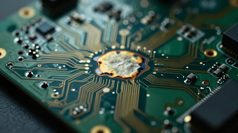 A close-up of a damaged circuit board component with a blurred medical infusion pump in the background