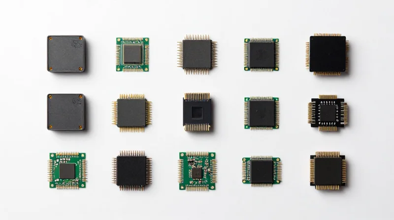 A flat lay arrangement of high-quality electronic components and microchips