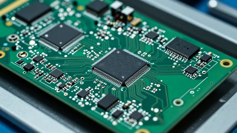 Component Placement and Manufacturability Optimization Professional shot of an automated PCB assembly line view focusing on component precision.