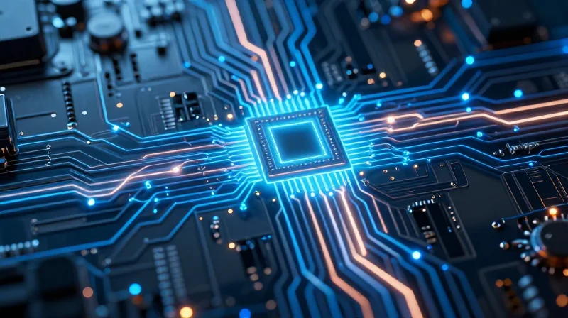 The Role of AI Integration in Predictive Infusion A futuristic circuit board with glowing light trails representing data flow and predictive intelligence.