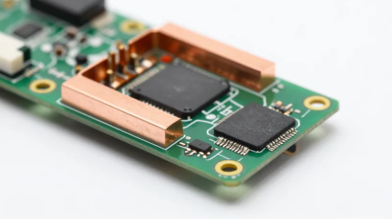 Power Efficiency and Thermal Management in Compact Designs Close-up of a high-tech circuit board with thermal cooling fins.