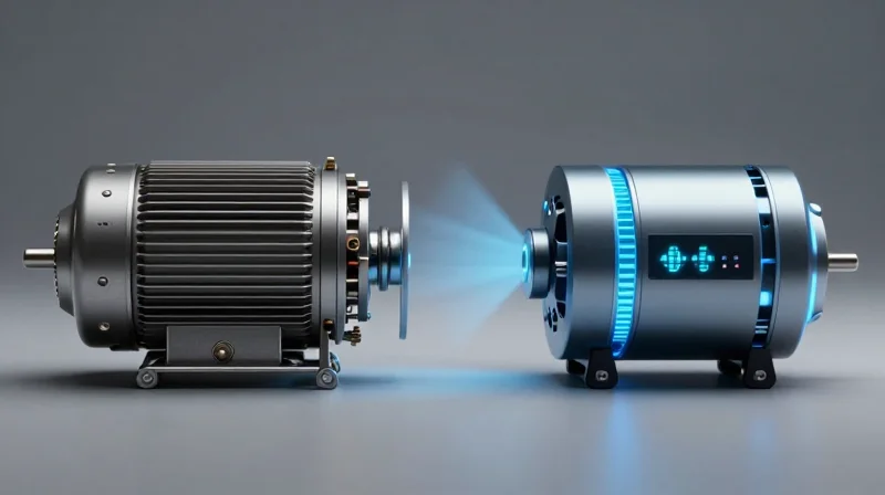 Conceptual transition from an old mechanical motor to a modern sleek digital motor