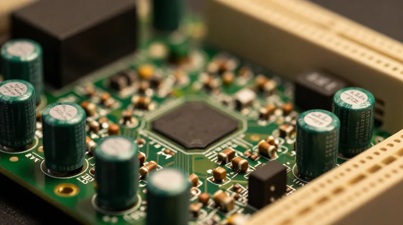 A complex, dense printed circuit board with many old-fashioned discrete components