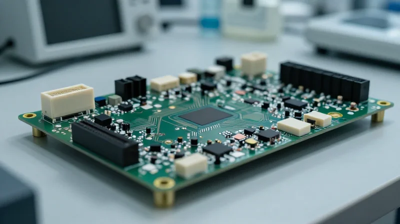 Understanding IEC 60601-1 Medical Device Standards A professional medical device certification environment with an AED circuit board being inspected under studio lighting.