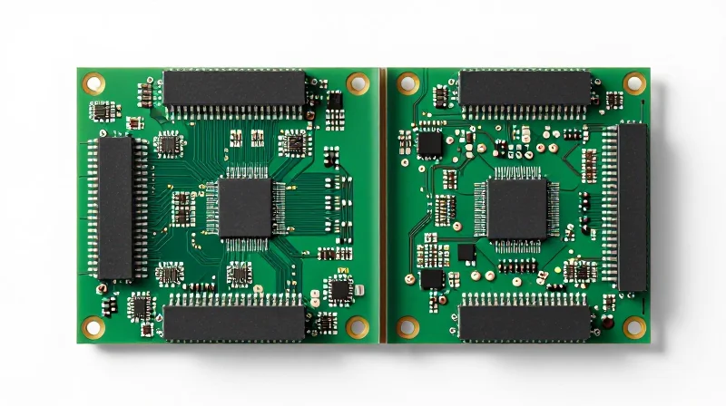 Strategic Component Placement and Routing A top-down view of a PCB board with distinct sections for power and logic.