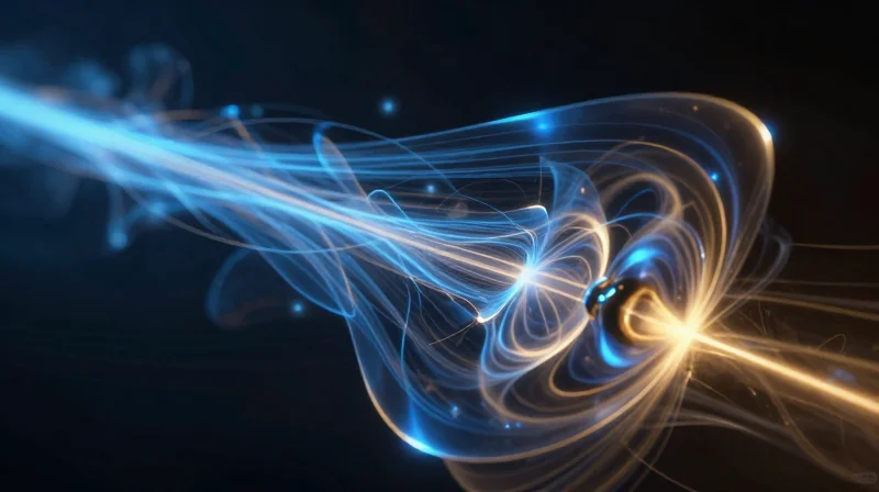 Abstract representation of magnetic field lines distorted by metallic objects in a high-field MRI environment.