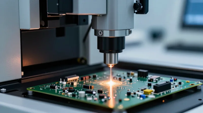 Optical and electronic testing equipment inspecting a PCBA board
