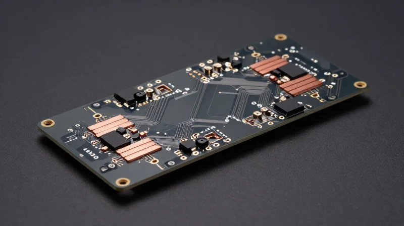 Thermal Management Capabilities A professional product shot of an advanced metal-core PCB designed for high-power applications, showing distinct heat dissipation pathways.
